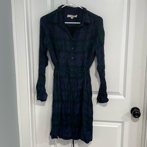 Ann Taylor LOFT long sleeve button down plaid dress with cinced waist tie